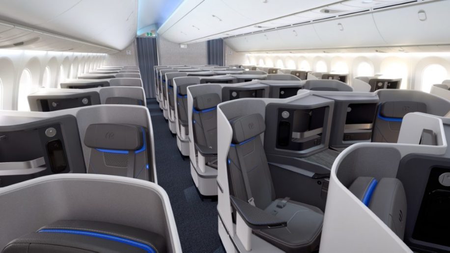 A render of a first class cabin designed and manufactured by Jamco for a global airline.